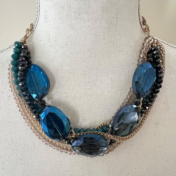 Jessica Simpson Blue Gold Chunky Multi Strands Glass Beads Statement Necklace - Picture 1 of 6
